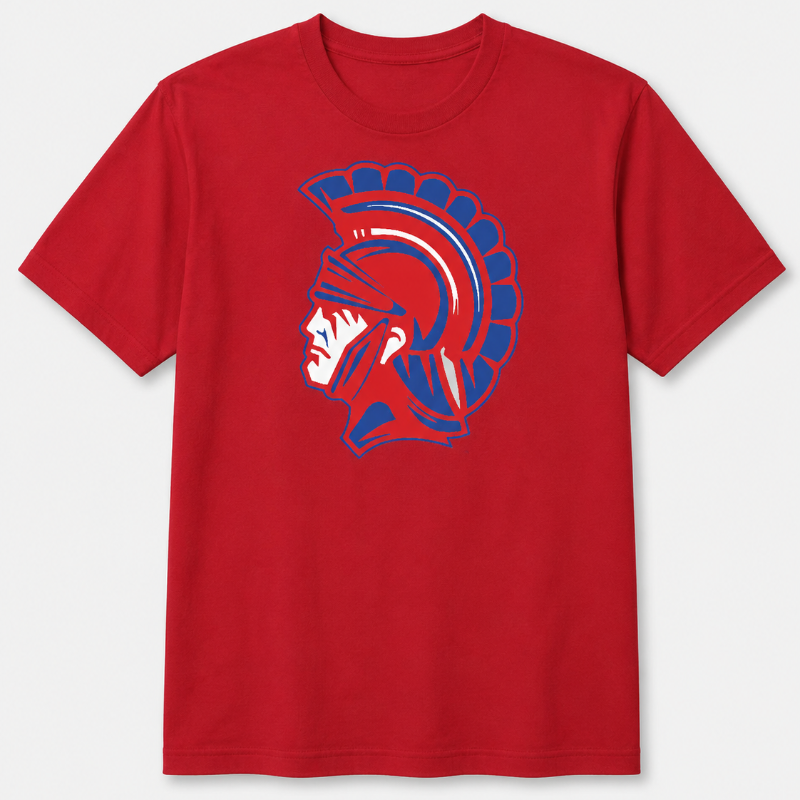 A red short-sleeve crewneck t-shirt featuring a stylized Spartan helmet graphic in blue, red, and white on the chest, displayed against a light gray background.