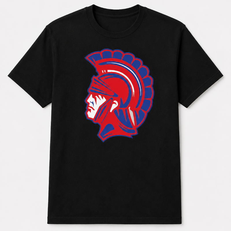 A black short-sleeve crewneck t-shirt featuring a stylized graphic of a Spartan helmet in red, blue, and white on the front, displayed against a light gray background.