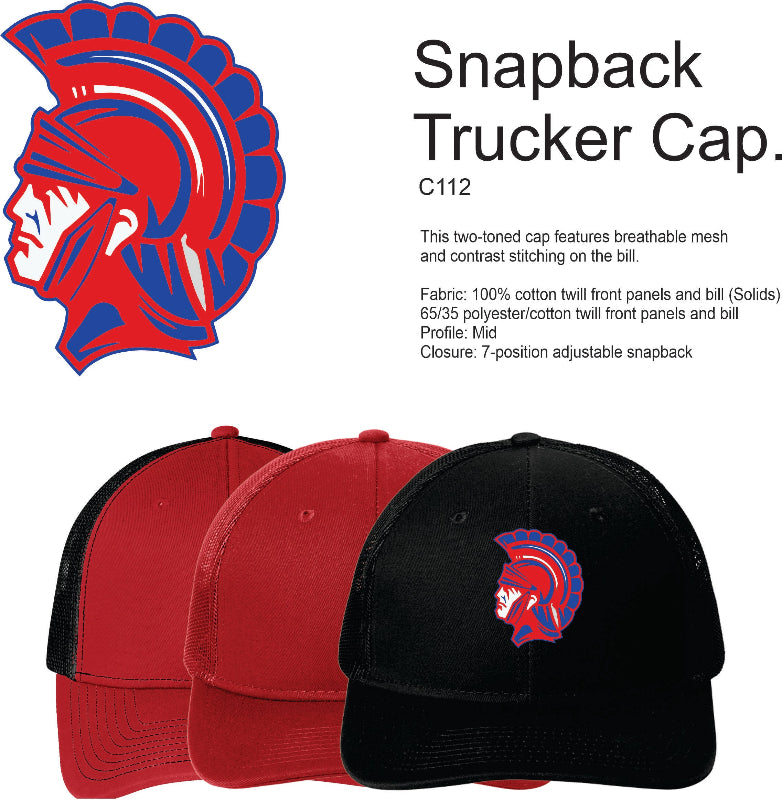 Red and black snapback trucker cap with a Trojan head logo on a white background