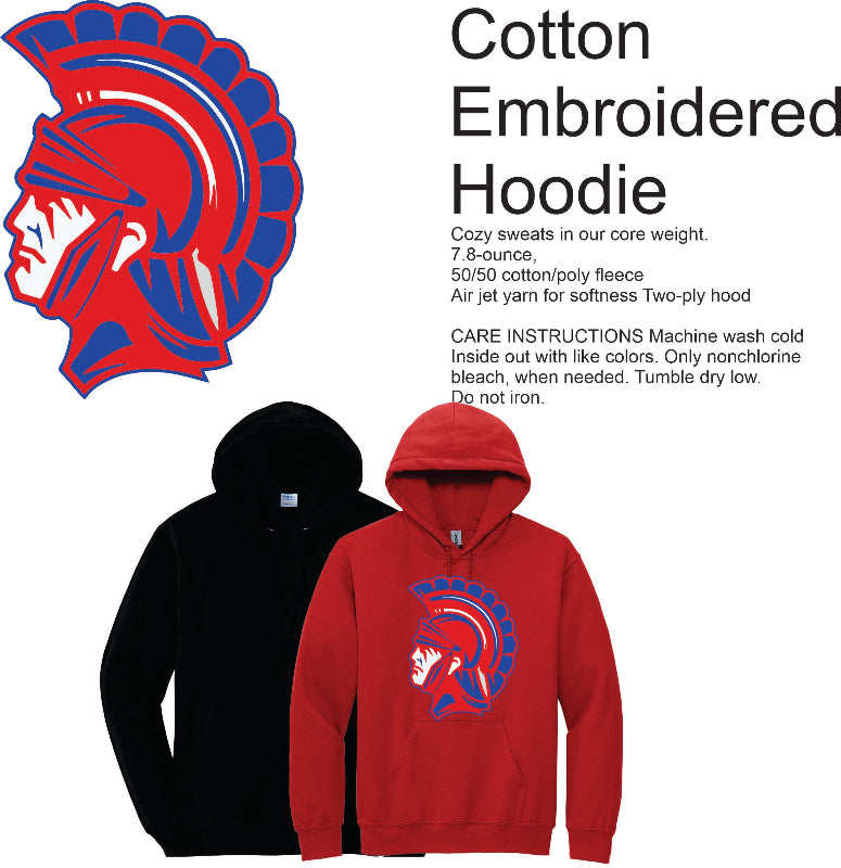 Red and black hoodies with embroidered logo on a white background