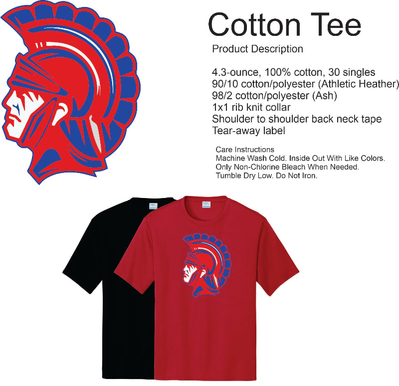 Red t-shirt with Spartan helmet design and product description text on a white background