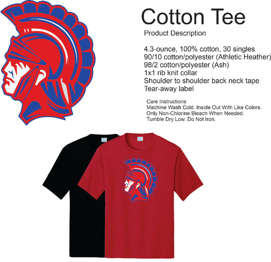 Red t-shirt with Spartan helmet design and product description text on a white background