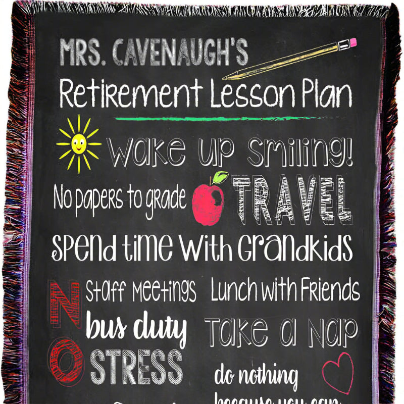 Blanket with text and graphics related to retirement plans on a black background