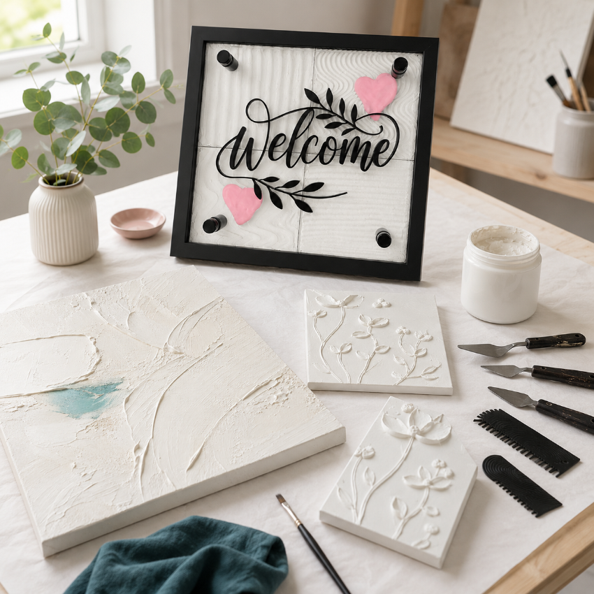 A styled tabletop display of handcrafted wall art and painting tools. A black-framed sign with the word 'Welcome' in black script, decorated with two pink hearts and black leafy flourishes, stands on a white surface.