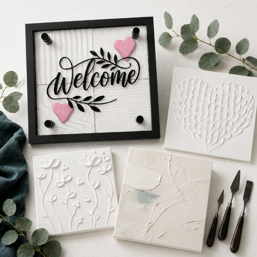 A styled flat-lay of four white decorative wall art canvases with embossed floral and heart designs, a black wooden frame with a black script 'Welcome' and pink heart, three small paintbrushes, and green eucalyptus leaves on a white surface.
