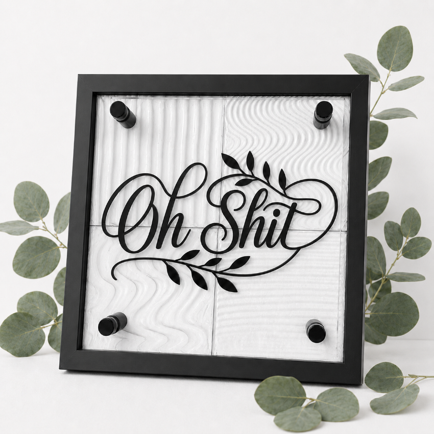 A square framed wall sign with the phrase “Oh Shit” in black script over a white wood-grain background, surrounded by green eucalyptus leaves on a white surface.