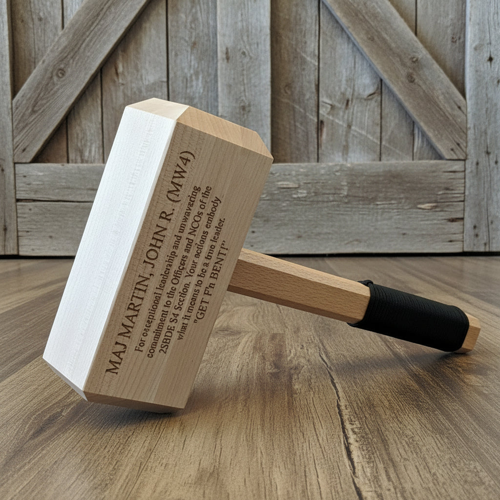 Wooden Thor Hammer with engraved text on a wooden surface