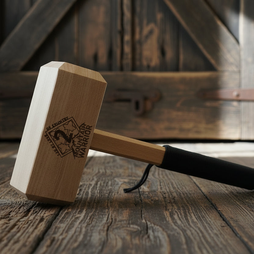 Wooden Thor Hammer with a black handle on a wooden surface, featuring a logo and text.