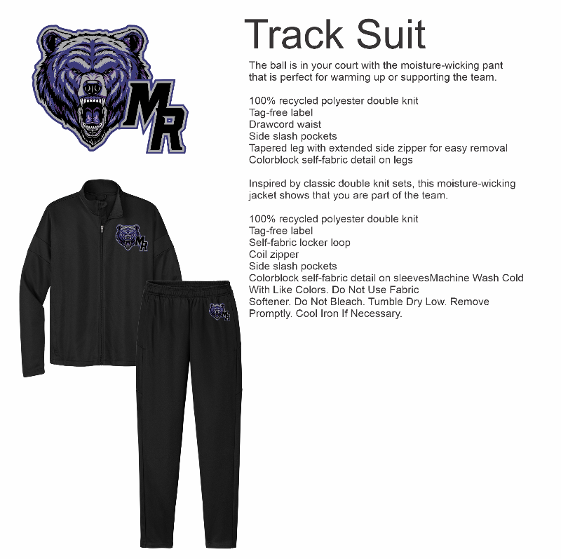 Black track suit with bear logo and text on a white background