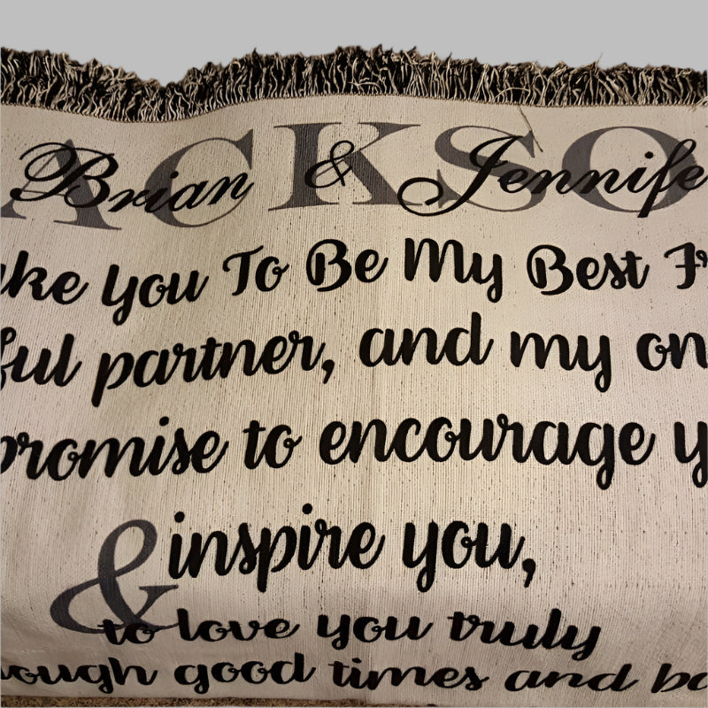 Personalized wedding vow rug with text on a wooden floor.