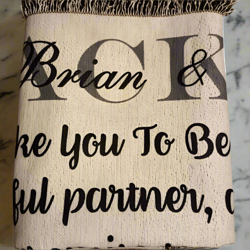 Textile product with printed text on a brown background