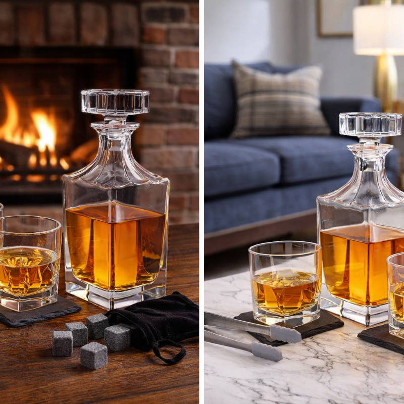 Two images of a whiskey decanter and glasses with a fireplace and living room in the background.