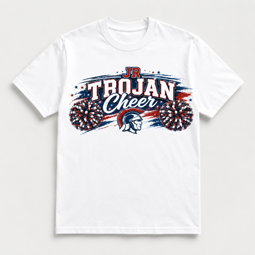 A white short-sleeve crewneck t-shirt featuring a 'Junior Trojan Cheer' graphic on the chest with red, white, and blue fireworks and a Spartan helmet illustration.